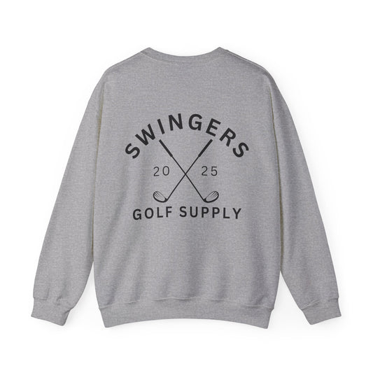 Gray sweatshirt with 'Swingers Golf Supply' text and golf club graphics on a white background