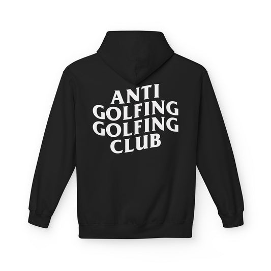 Black hoodie with 'ANTI GOLFING GOLFING CLUB' text on the back against a white background