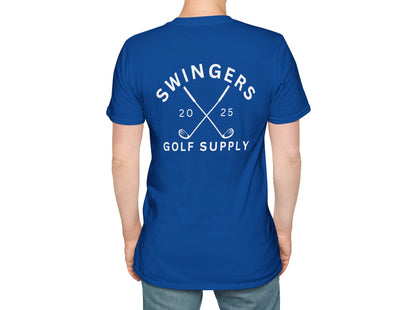 Person wearing a blue t-shirt with 'Swingers Golf Supply' text and design on the back.