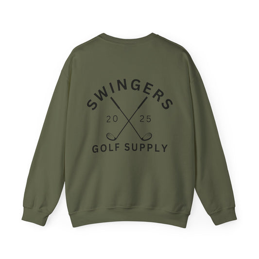 Green sweatshirt with 'Swingers Golf Supply' text on the back against a white background