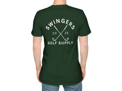Person wearing a green t-shirt with 'Swingers Golf Supply' text and design on the back.