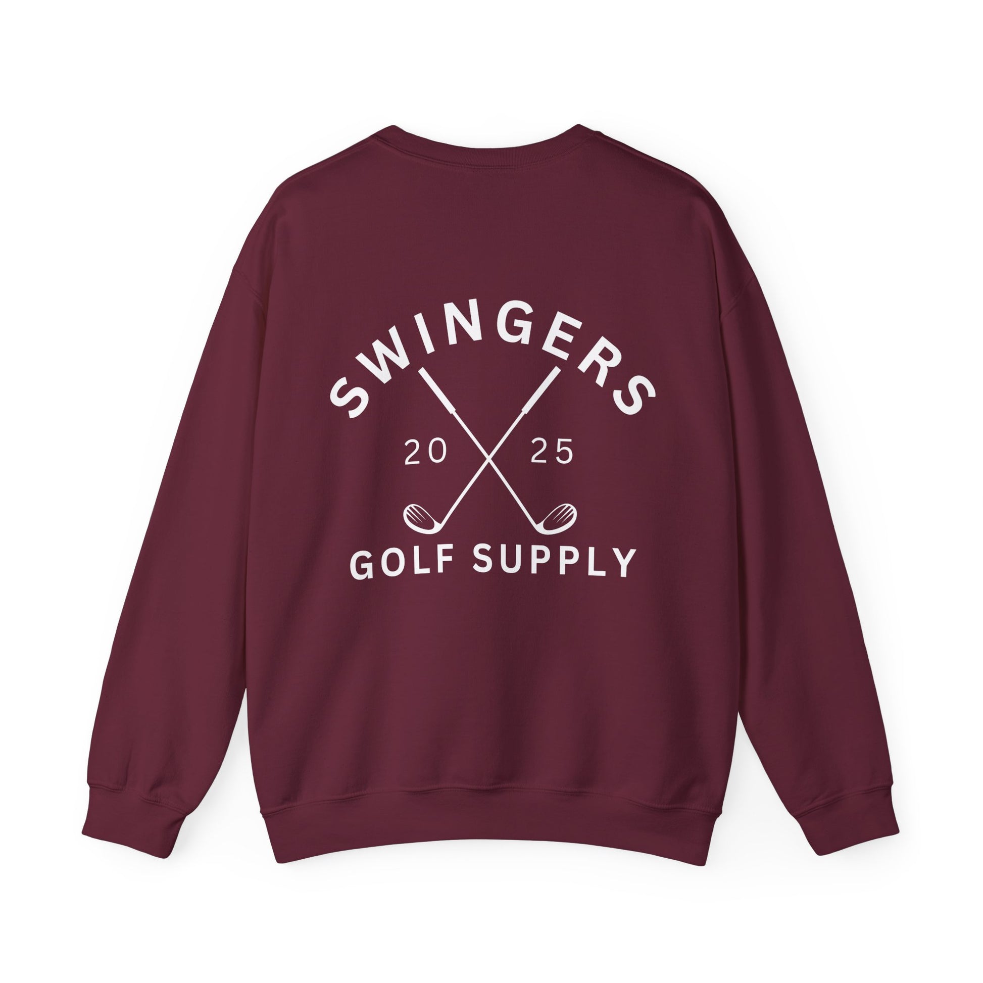 Maroon sweatshirt with 'Swingers Golf Supply' text on the back against a white background