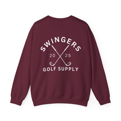 Maroon sweatshirt with 'Swingers Golf Supply' text on the back against a white background