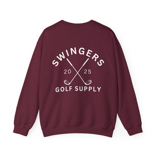 Maroon sweatshirt with 'Swingers Golf Supply' text on the back against a white background