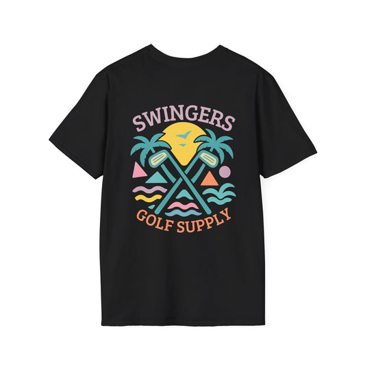 Black t-shirt with colorful graphic and text 'Swingers Golf Supply' on a white background