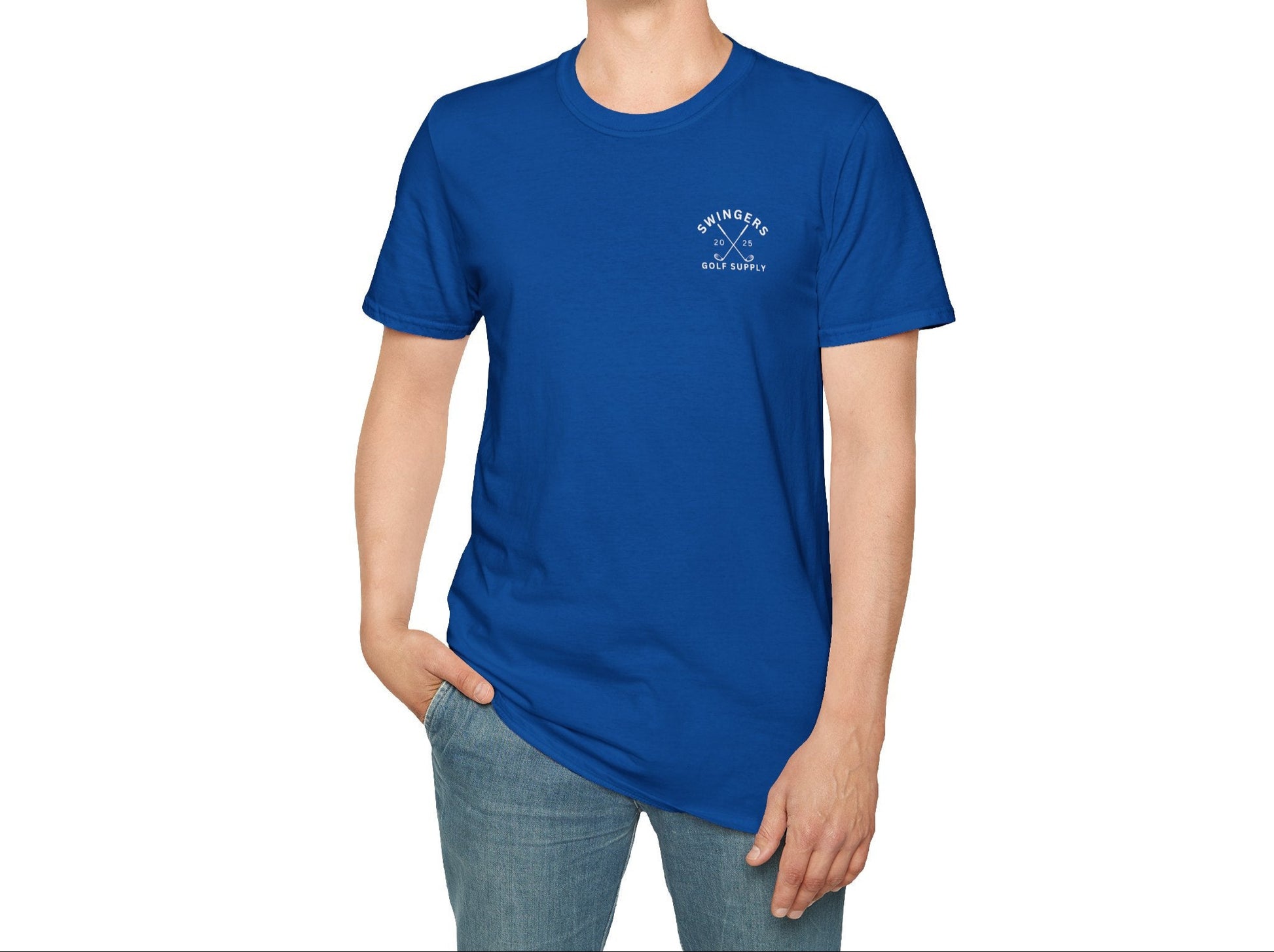 Man wearing a blue t-shirt with a logo on a white background