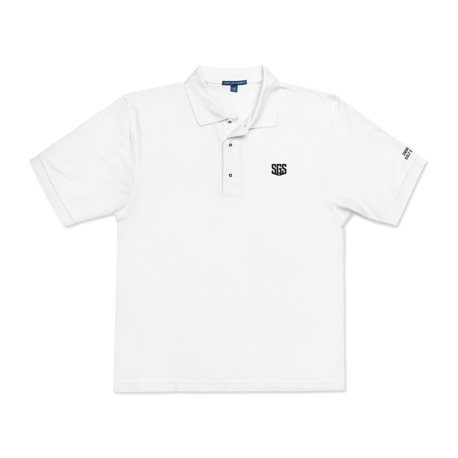 White polo shirt with black logo on a white background