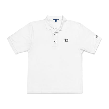 White polo shirt with black logo on a white background