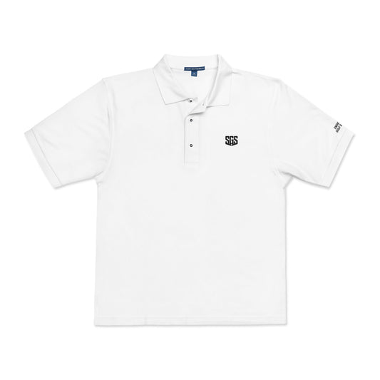 White polo shirt with black logo on a white background