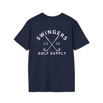 Navy blue t-shirt with 'Swingers Golf Supply' text on a white background