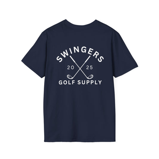 Navy blue t-shirt with 'Swingers Golf Supply' text on a white background
