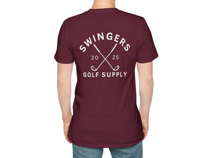 Person wearing a maroon t-shirt with 'Swingers Golf Supply' text and design on the back.