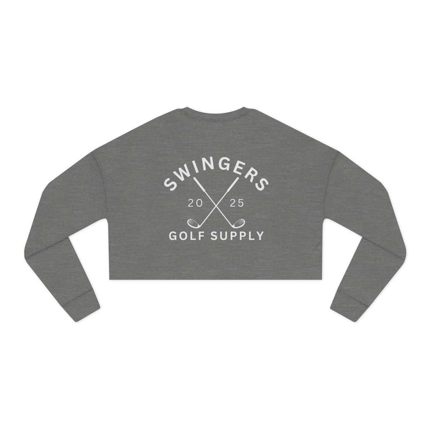 Gray long-sleeve crop top with 'Swingers Golf Supply' text on a white background
