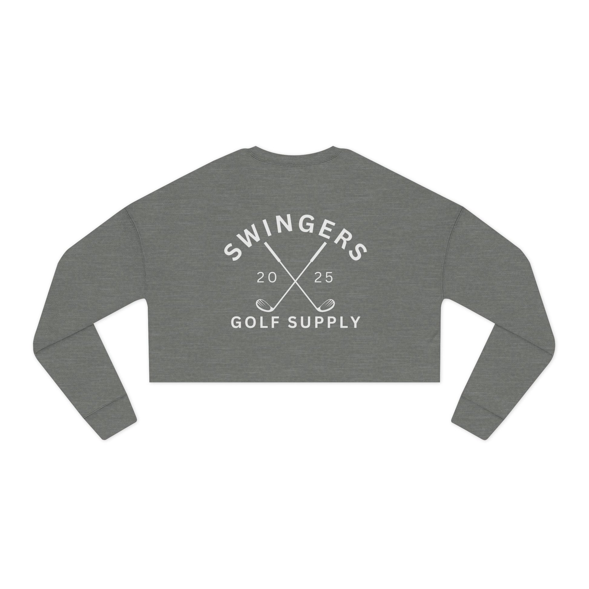 Gray long-sleeve crop top with 'Swingers Golf Supply' text on a white background