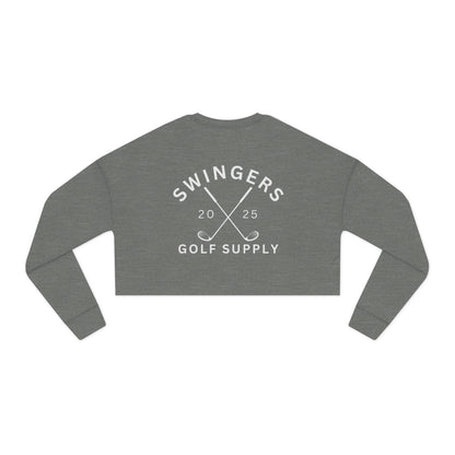 Gray long-sleeve crop top with 'Swingers Golf Supply' text on a white background