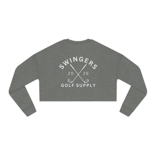 Gray long-sleeve crop top with 'Swingers Golf Supply' text on a white background