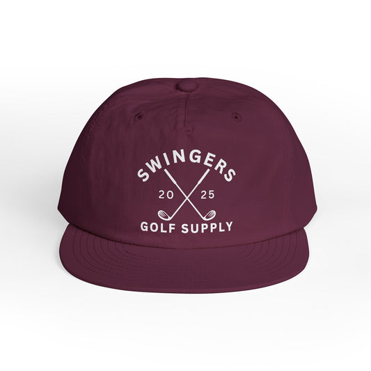 Maroon cap with 'Swingers Golf Supply' text and design on a white background