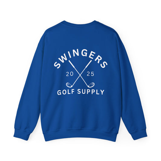 Blue sweatshirt with 'Swingers Golf Supply' text on the back against a white background