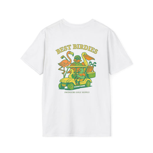 White t-shirt with a colorful graphic of a golfer and flamingos on a golf cart, with 'Best Birdies' text.