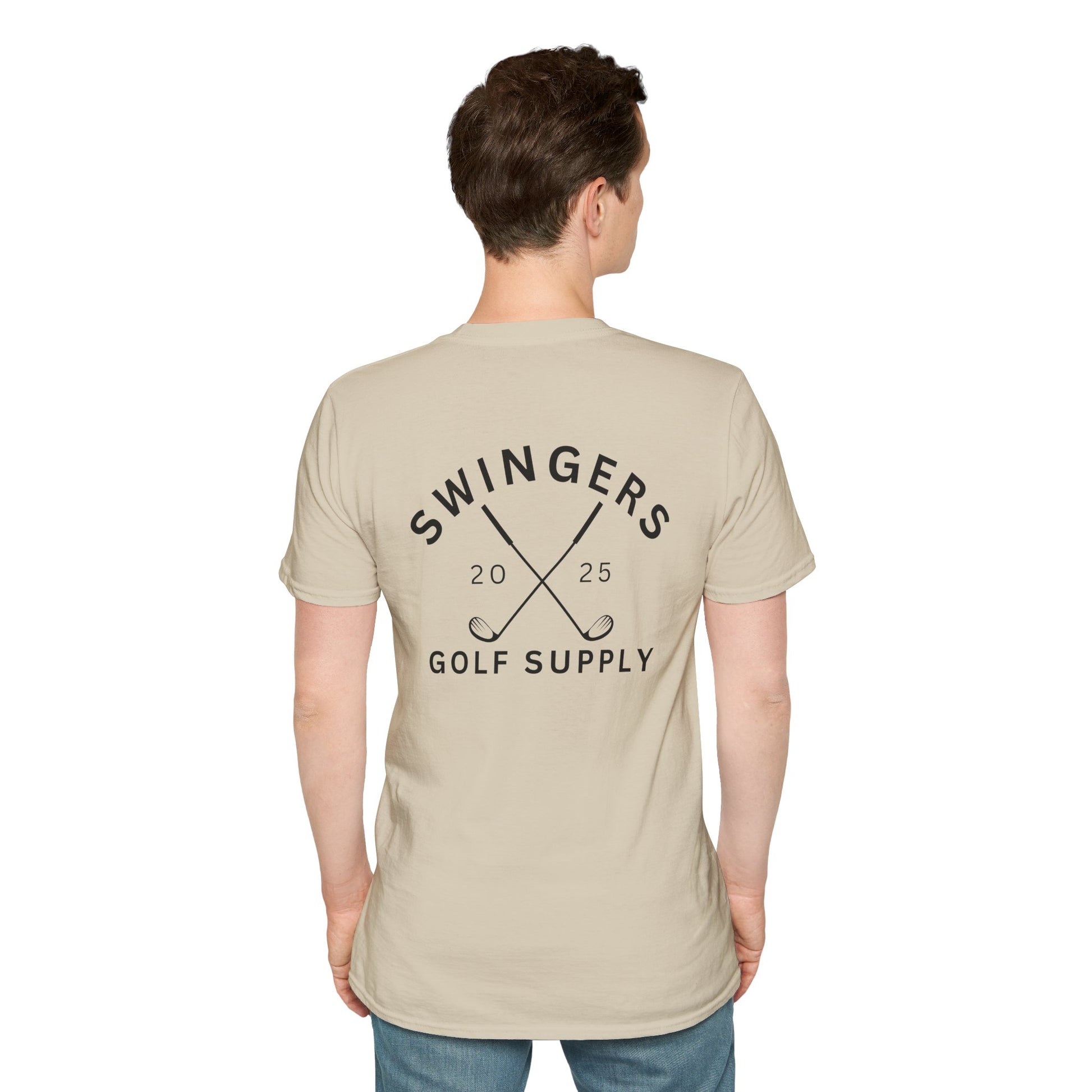 Person wearing a beige t-shirt with 'Swingers Golf Supply' text on the back