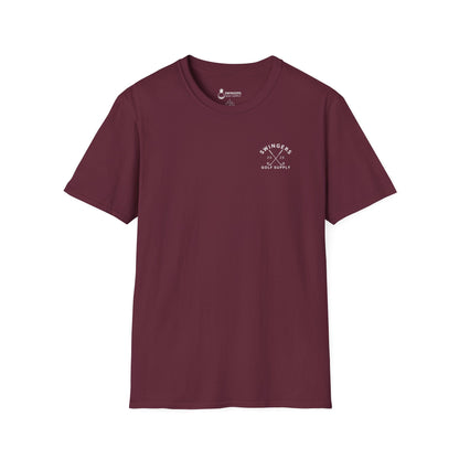 Maroon t-shirt with a logo on a white background