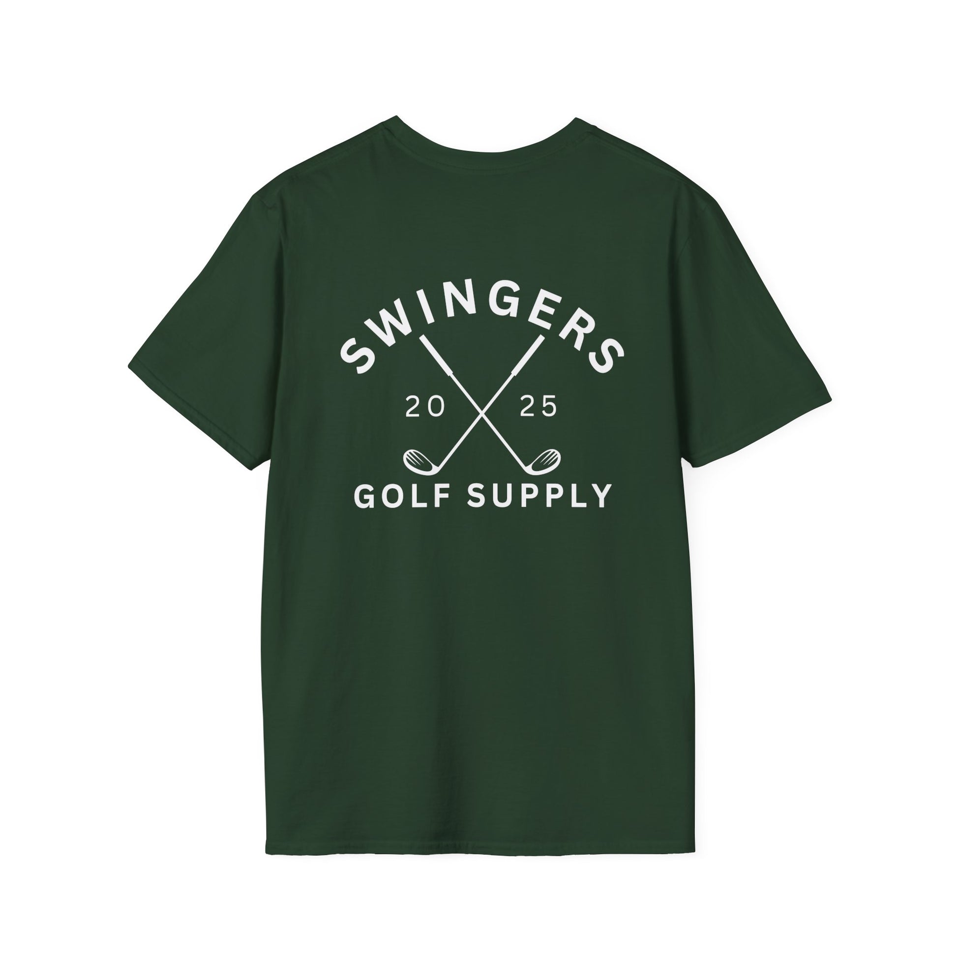 Green t-shirt with 'Swingers Golf Supply' text on a white background