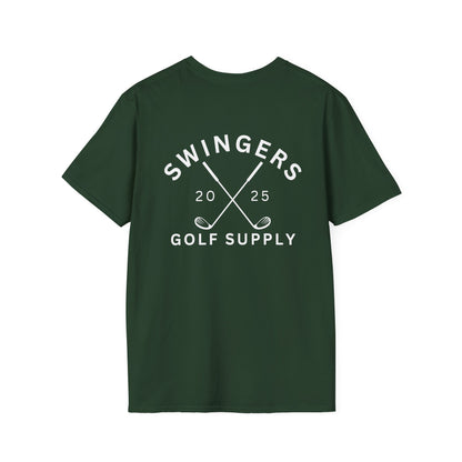 Green t-shirt with 'Swingers Golf Supply' text on a white background