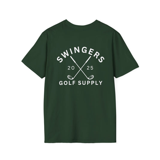 Green t-shirt with 'Swingers Golf Supply' text on a white background