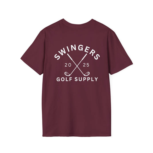 Maroon t-shirt with 'Swingers Golf Supply' text on a white background