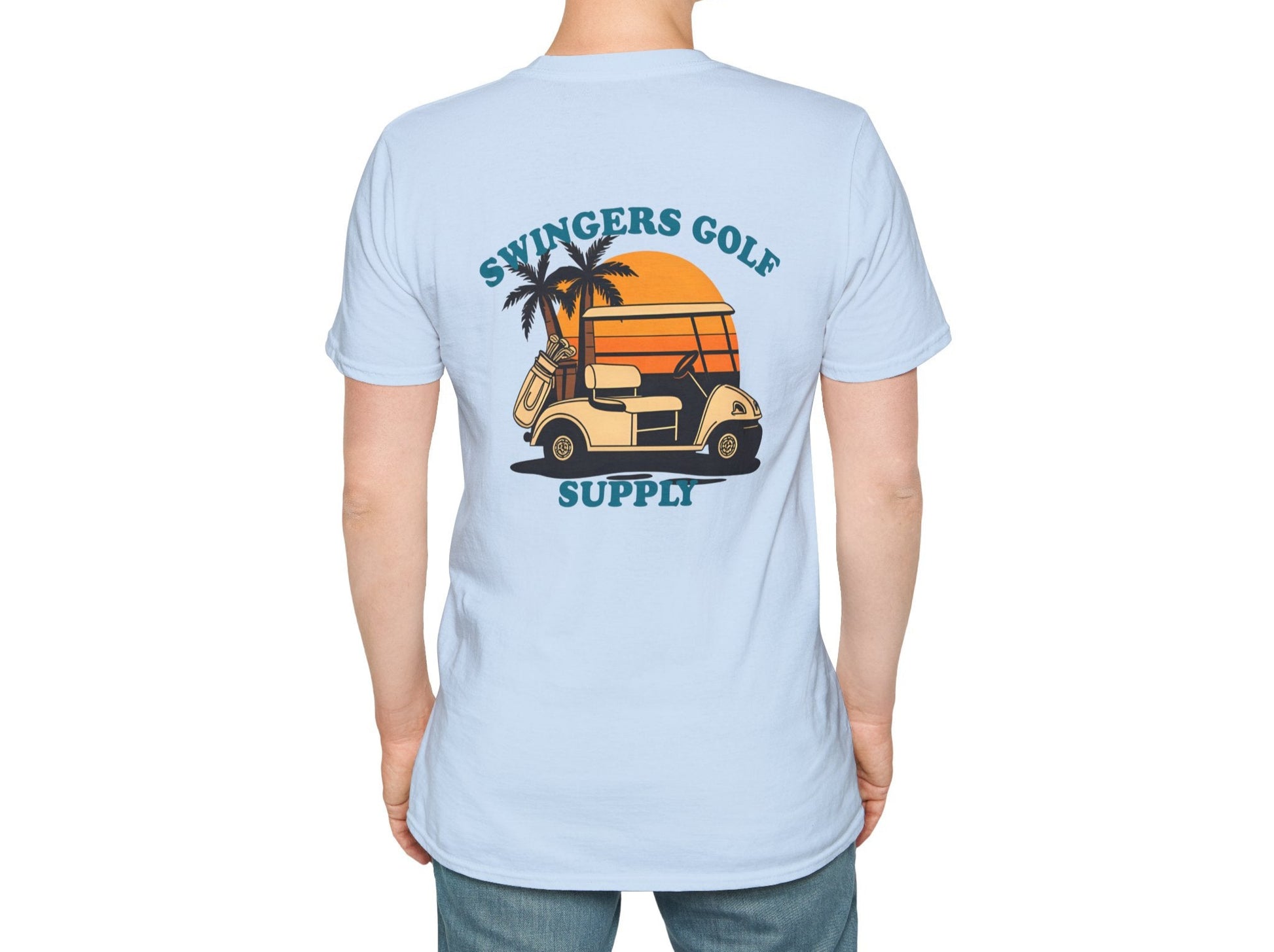 Person wearing a light blue t-shirt with 'Swingers Golf Supply' graphic on the back.