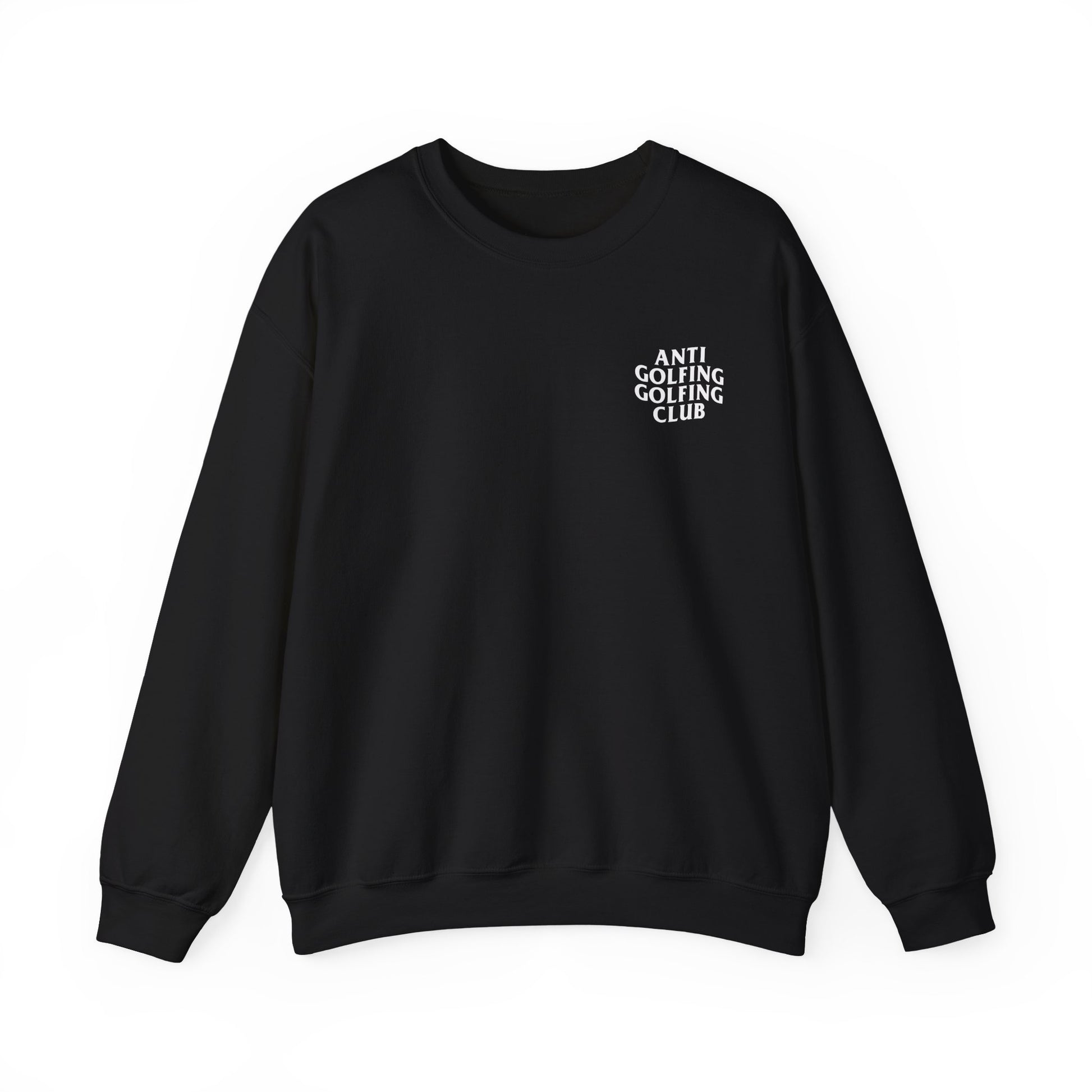 Black sweatshirt with 'Anti Golfing Golfing Club' text on a white background