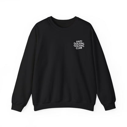 Black sweatshirt with 'Anti Golfing Golfing Club' text on a white background