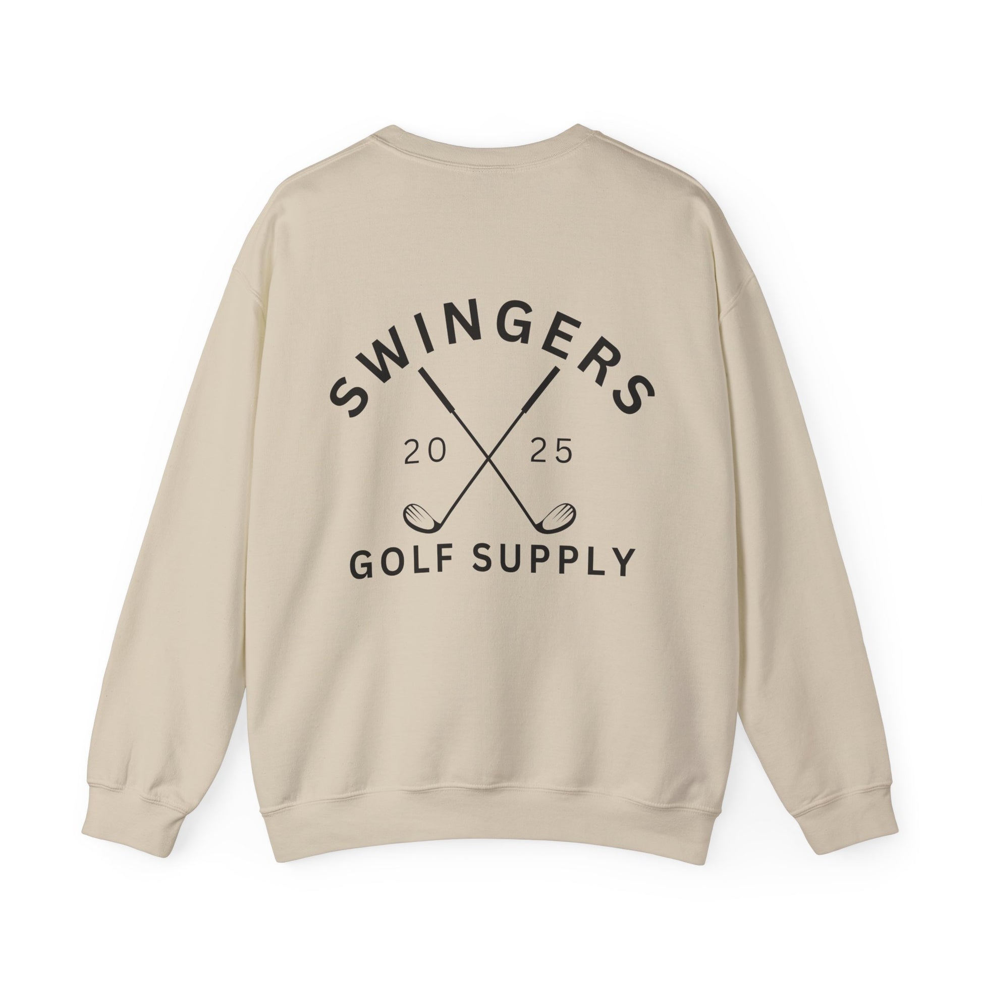 Beige sweatshirt with 'Swingers Golf Supply' text and design on the back against a white background