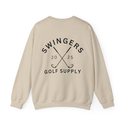 Beige sweatshirt with 'Swingers Golf Supply' text and design on the back against a white background