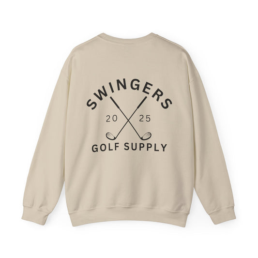 Beige sweatshirt with 'Swingers Golf Supply' text and design on the back against a white background
