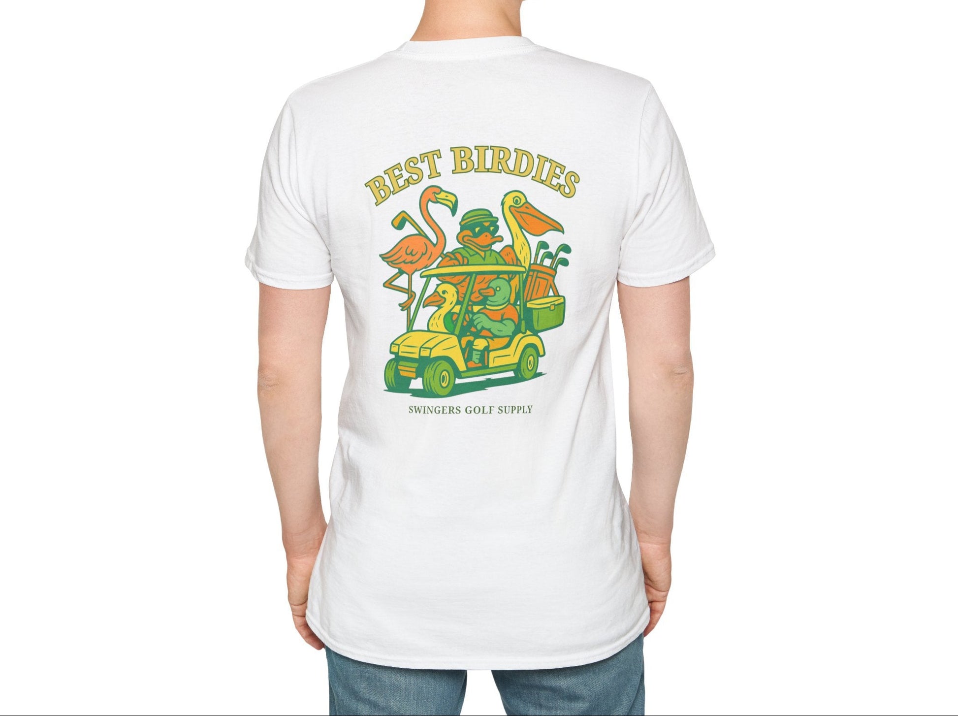 Person wearing a white t-shirt with a colorful graphic and text on the back, standing against a white background.