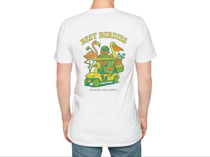 Person wearing a white t-shirt with a colorful graphic and text on the back, standing against a white background.