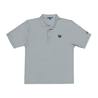 Gray polo shirt with a logo on a white background