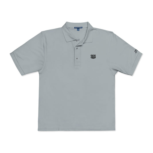 Gray polo shirt with a logo on a white background