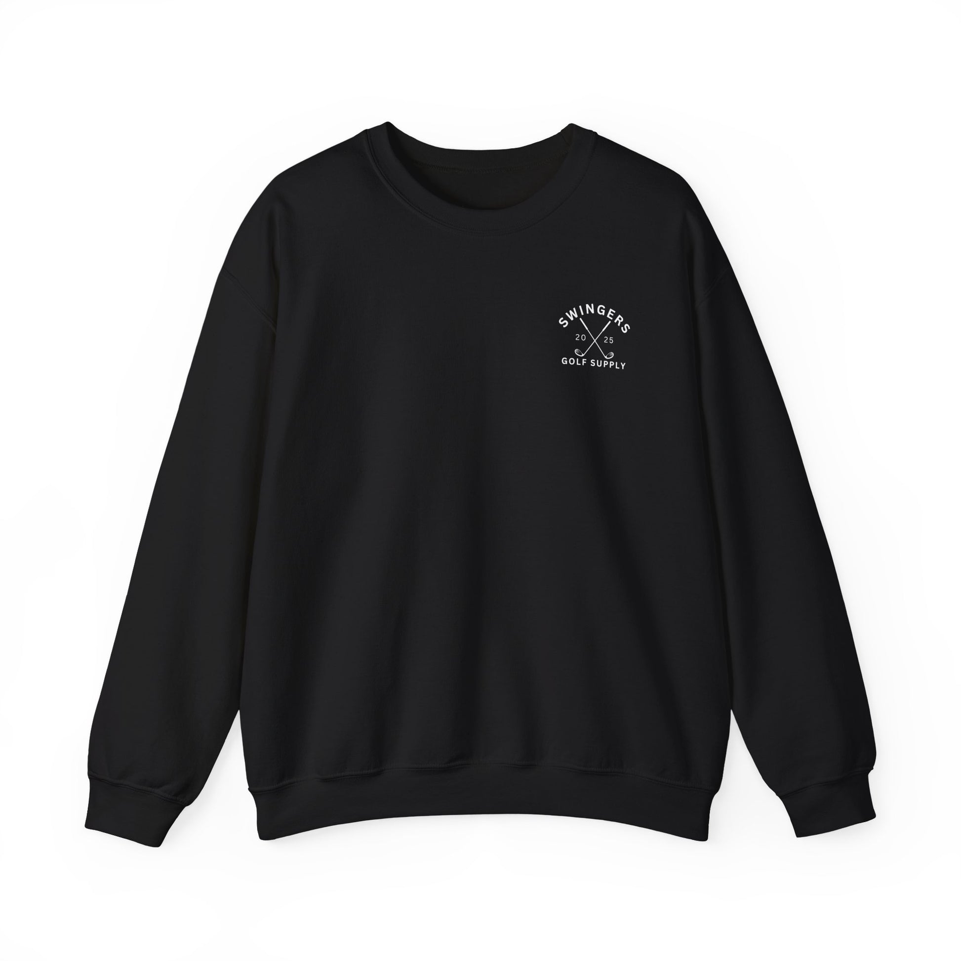 Black sweatshirt with a logo on the chest against a white background