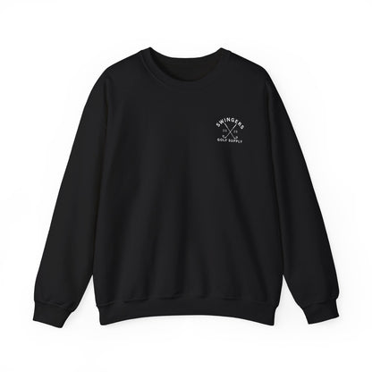 Black sweatshirt with a logo on the chest against a white background
