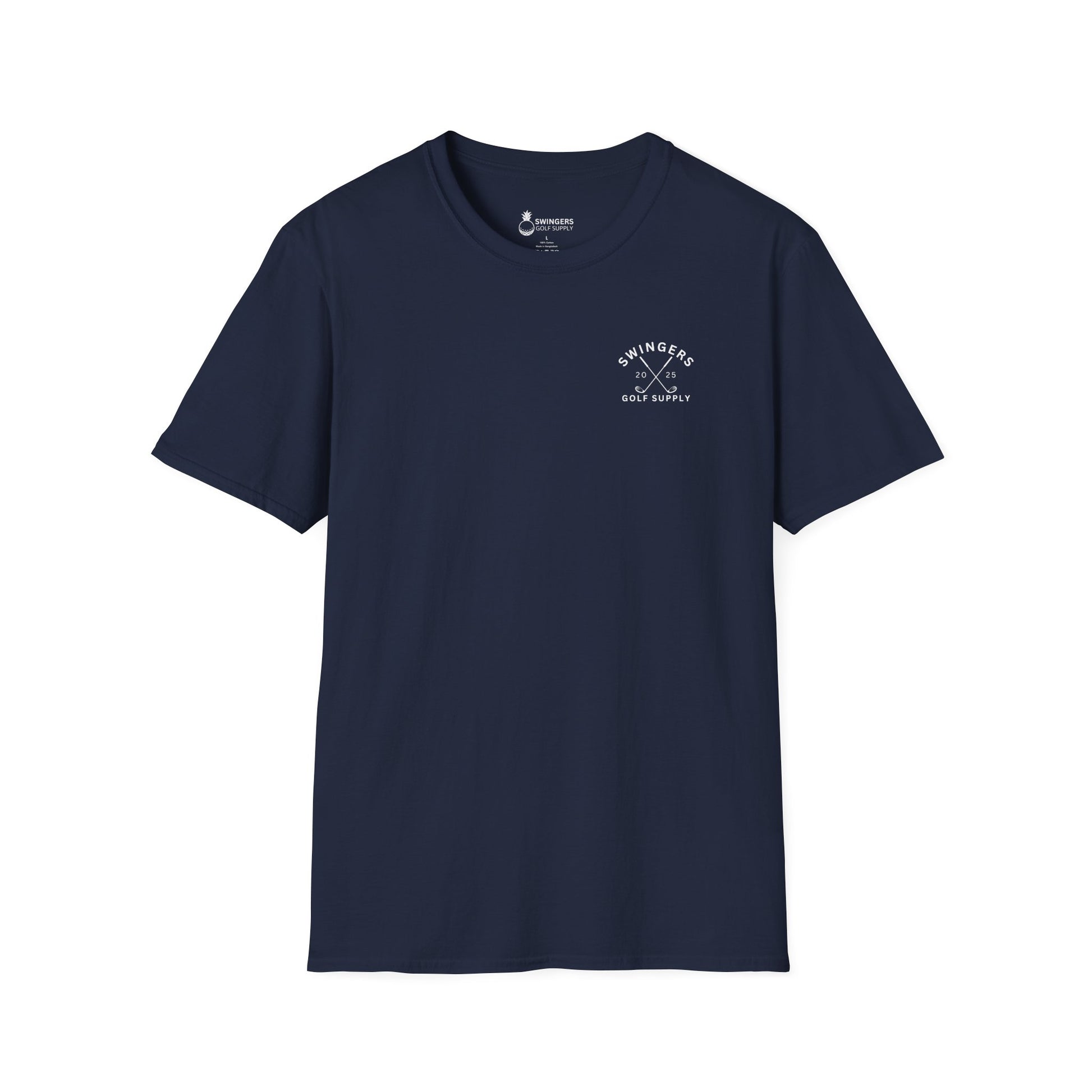 Navy blue t-shirt with a white logo on a white background