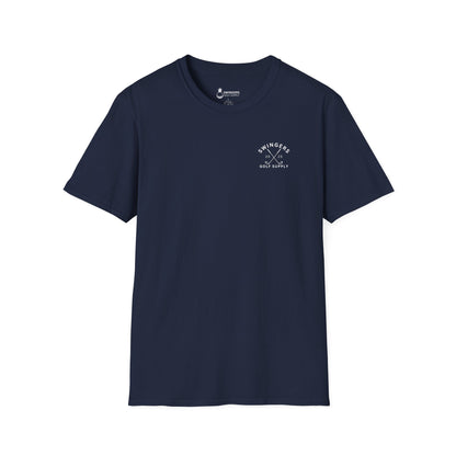Navy blue t-shirt with a white logo on a white background