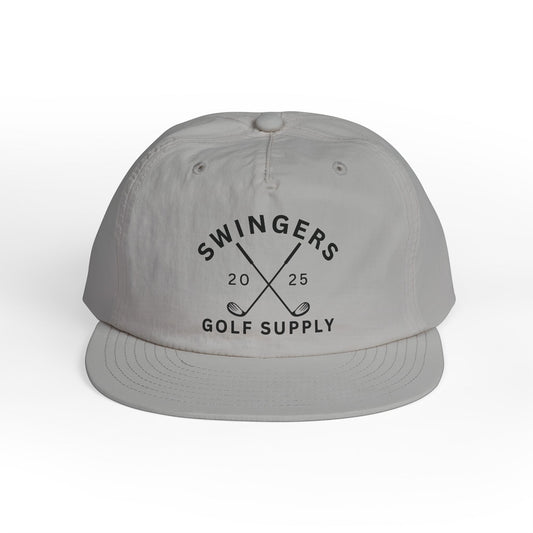 Gray cap with 'Swingers Golf Supply' text and design on a white background