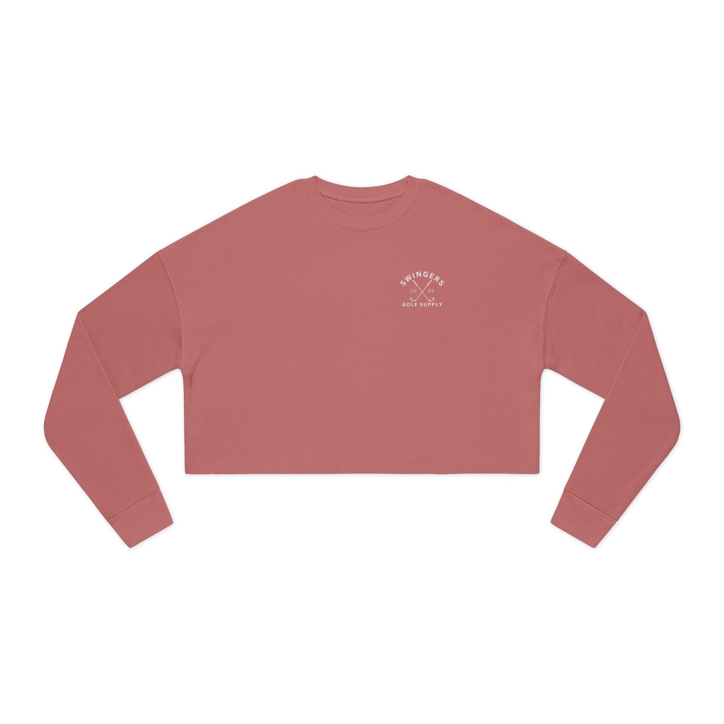 Red long-sleeve crop top with a logo on a white background