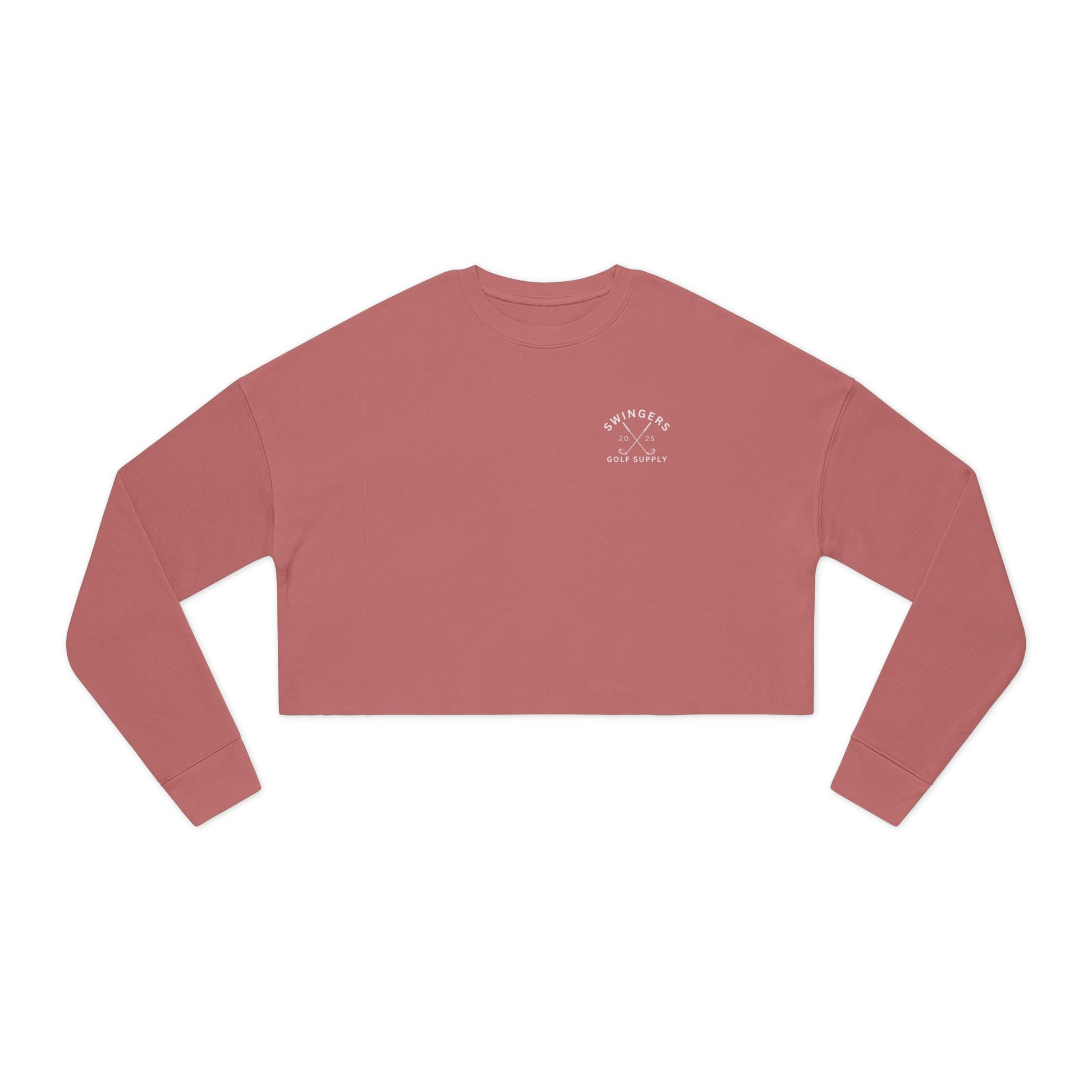 Red long-sleeve crop top with a logo on a white background