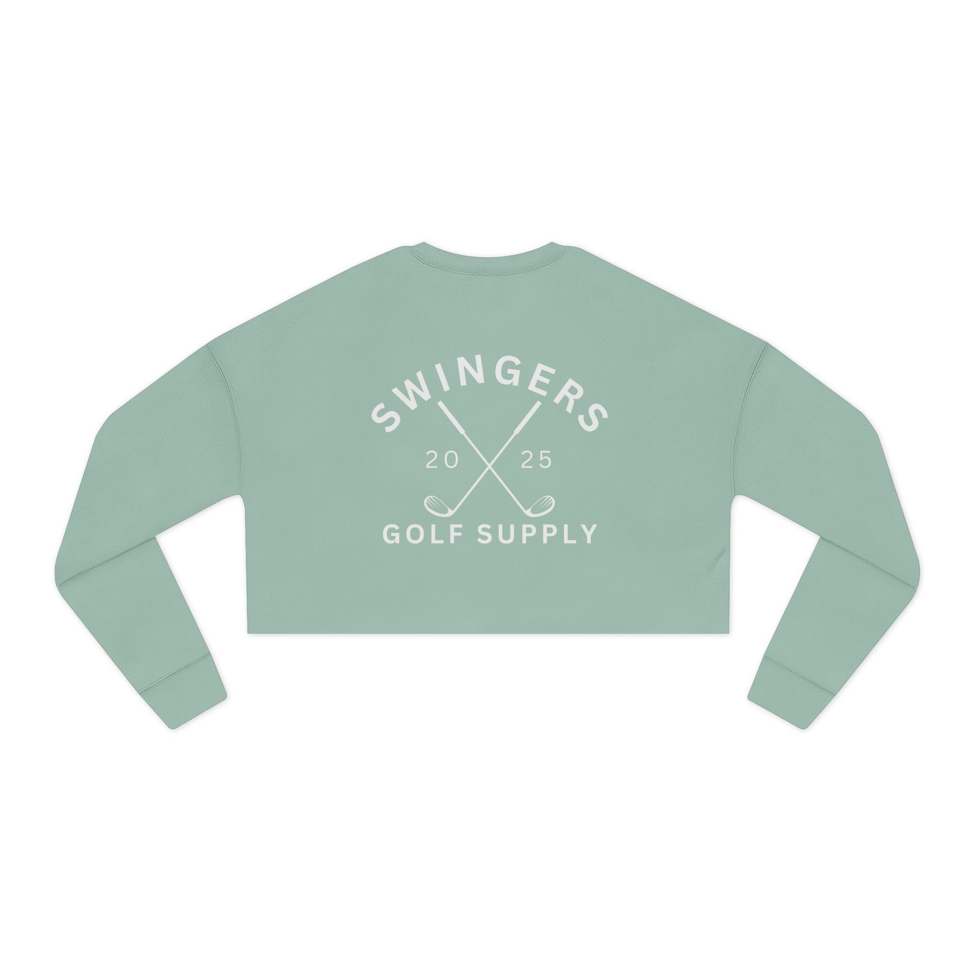 Light green crop top with 'Swingers Golf Supply' text on a white background