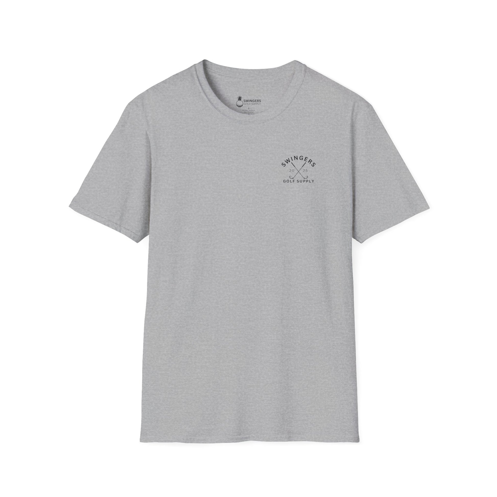 Gray t-shirt with a small logo on a white background