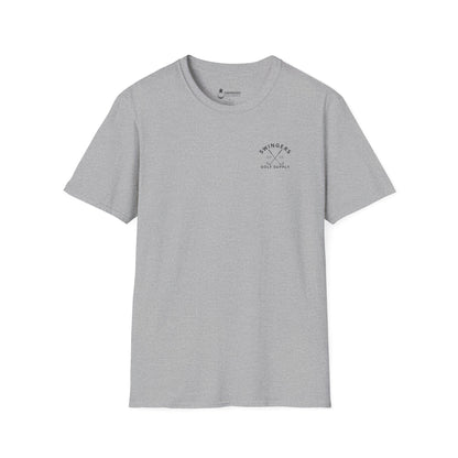 Gray t-shirt with a small logo on a white background
