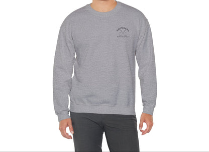 Man wearing a gray sweatshirt with a logo on a white background
